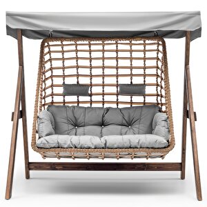 Girne Swing Ahşap Rattan Salıncak Dış Mekan Bahçe Balkon Ve Teras Salıncağı Gri