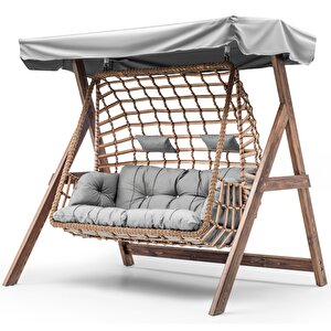 Girne Swing Ahşap Rattan Salıncak Dış Mekan Bahçe Balkon Ve Teras Salıncağı Gri