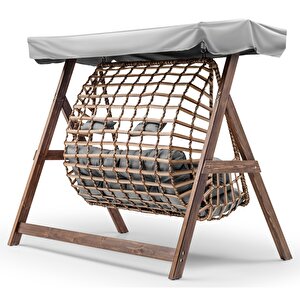 Girne Swing Ahşap Rattan Salıncak Dış Mekan Bahçe Balkon Ve Teras Salıncağı Gri