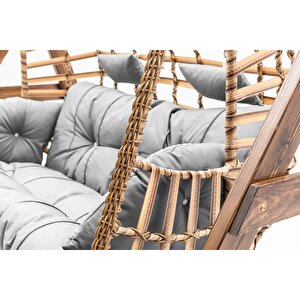 Girne Swing Ahşap Rattan Salıncak Dış Mekan Bahçe Balkon Ve Teras Salıncağı Gri