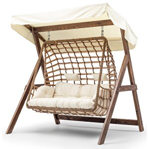 Girne Swing Ahşap Rattan Salıncak Dış Mekan Bahçe Balkon Ve Teras Salıncağı Krem