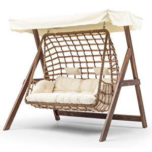 Girne Swing Ahşap Rattan Salıncak Dış Mekan Bahçe Balkon Ve Teras Salıncağı Krem