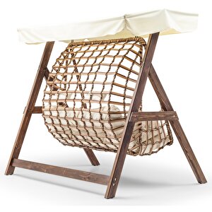 Girne Swing Ahşap Rattan Salıncak Dış Mekan Bahçe Balkon Ve Teras Salıncağı Krem