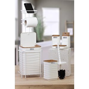 Beyaz Ahşap Desenli Luna Kare Yedekli Wc Kağıtlık Ve 6 Parça Banyo Seti