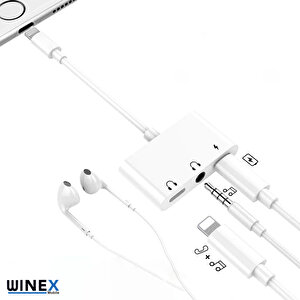 8pin 3in1 Lightning To 3.5mm Aux + Lightnin Ses + Lightning Şarj Dönüştürücü Adaptörü Beyaz