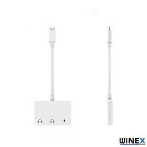 Winex 8pin 3in1 Lightning To 3.5mm Aux + Lightnin Ses + Lightning Şarj Dönüştürücü Adaptörü Beyaz