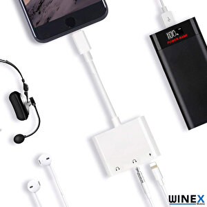 Winex 8pin 3in1 Lightning To 3.5mm Aux + Lightnin Ses + Lightning Şarj Dönüştürücü Adaptörü Beyaz