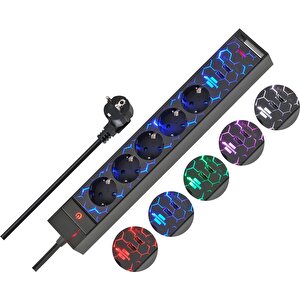 Oyuncu Serisi 5 Renk Led Aydınlatmalı Ve Renk Değiştirme Modlu 2 Usb Li 5 Soketli 1.5 Metre Priz