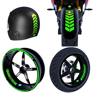 Moto Rider 4'lü Sticker Seti Floresan Yeşil İç Dış Jant Şeridi Kask Ve Çamurluk Çınar Extreme