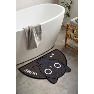 Yıkanabilir Siyah Kedili Banyo Halısı Paspas Klozet Tek Parça Oval 80x100  Dc-8037 Siyah