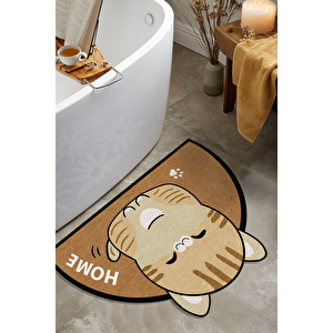 Yıkanabilir Kahve Kedili Banyo Halısı Paspas Klozet Tek Parça Oval 80x100 Dc-8035 Kahverengi