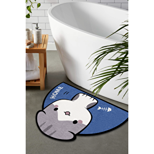 Yıkanabilir Mavi Kedili Banyo Halısı Paspas Klozet Tek Parça Oval 80x100 Dc-8036 Mavi