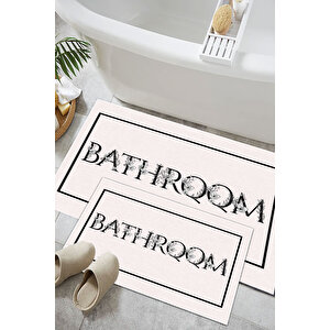 Dijital Kaymaz Yıkanabilir Çiçekli Minimal Modern Bathroom Bath Banyo Paspası Banyo Halısı Seti Krem