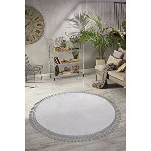 Yuvarlak Comfort Puffy Ponpon Saçaklı Peluş Yolluk Halı Gri Saçak 120x120 cm