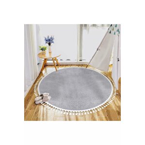 Yuvarlak Comfort Puffy Ponpon Saçaklı Peluş Yolluk Halı Gri 160x160 cm