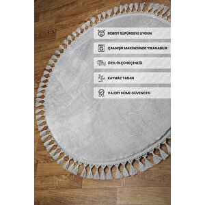 Yuvarlak Comfort Puffy Ponpon Saçaklı Peluş Yolluk Halı Gri Saçak 150x150 cm
