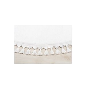 Yuvarlak Comfort Puffy Ponpon Saçaklı Peluş Yolluk Halı Beyaz 100x100 cm