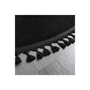Yuvarlak Comfort Puffy Ponpon Saçaklı Peluş Yolluk Halı Siyah 160x160 cm