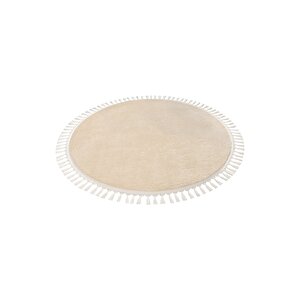 Yuvarlak Comfort Puffy Ponpon Saçaklı Peluş Yolluk Halı Bej 200x200 cm
