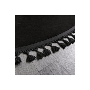 Yuvarlak Comfort Puffy Ponpon Saçaklı Peluş Yolluk Halı Siyah 150x150 cm