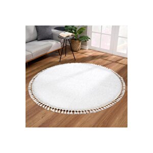 Yuvarlak Comfort Puffy Ponpon Saçaklı Peluş Yolluk Halı Beyaz 160x160 cm