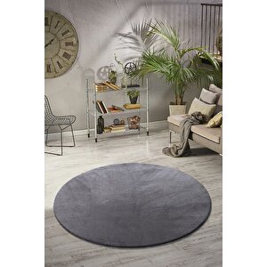 Yuvarlak Comfort Puffy Overloklu Peluş Yolluk Halı Antrasit 120x120 cm