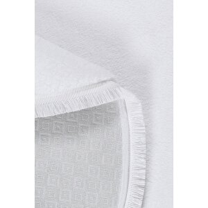 Yuvarlak Comfort Puffy Düz Saçaklı Peluş Yolluk Halı Beyaz 80x80 cm
