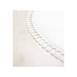 Yuvarlak Comfort Puffy Ponpon Saçaklı Peluş Yolluk Halı Beyaz 150x150 cm
