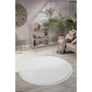 Yuvarlak Comfort Puffy Düz Saçaklı Peluş Yolluk Halı Beyaz