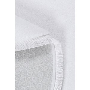 Yuvarlak Comfort Puffy Düz Saçaklı Peluş Yolluk Halı Beyaz