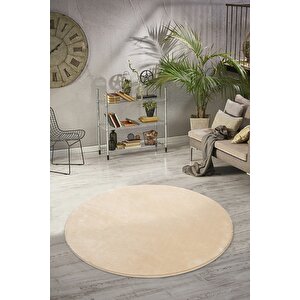 Yuvarlak Comfort Puffy Overloklu Peluş Yolluk Halı Bej 200x200 cm