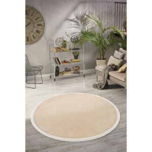Yuvarlak Comfort Puffy Düz Saçaklı Peluş Yolluk Halı Bej
