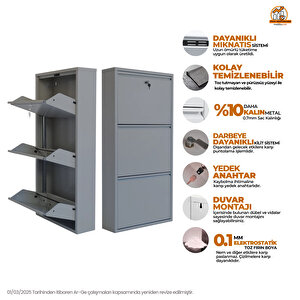 Gri Kilitli Metal Ayakkabılık  Mac3 - 3 Kapaklı - 50x15x103 H 3 Kapaklı