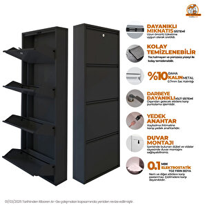 Siyah Kilitli Metal Ayakkabılık Mac4 - 4 Kapaklı - 50x15x136 H 4 Kapaklı