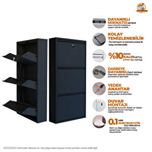 Siyah Kilitli Metal Ayakkabılık Mac3 - 3 Kapaklı - 50x15x103 H 3 Kapaklı