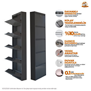 Antrasit Kilitli Metal Ayakkabılık  Mac5 - 5 Kapaklı - 50x15x169 H 5 Kapaklı