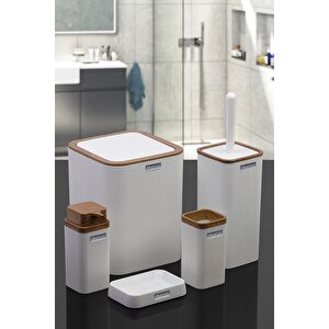 Stella Beyaz Ahşap Desenli Çizgili 5'li Banyo Seti