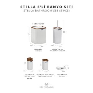 Stella Beyaz Ahşap Desenli Çizgili 5'li Banyo Seti