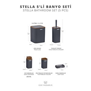 Okyanus Home Stella Antrasit Ahşap Desenli Çizgili 5'li Banyo Seti