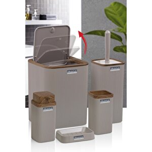 Stella Vizon Ahşap Desenli Çizgili 5'li Banyo Seti