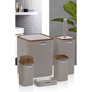 Stella Vizon Ahşap Desenli Çizgili 5'li Banyo Seti