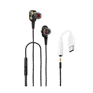 2023 Hot Beats 3d Hifi 4 Hoparlörlü İnfinix Note 8i̇ Type-c To 3.5mm Jack Dönüştürücü Kablolu Mikrofonlu Kulaklık Siyah Siyah