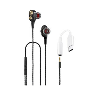 Hot Beats 3d Hifi 4 Hoparlörlü Samsung Galaxy A11 Type-c To 3.5mm Jack Dönüştürücü Kablolu Mikrofonlu Kulaklık Siyah Siyah