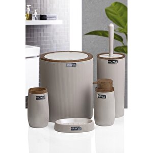 Okyanus Home Vizon Ahşap Çizgili Yuvarlak 5'li Banyo Seti