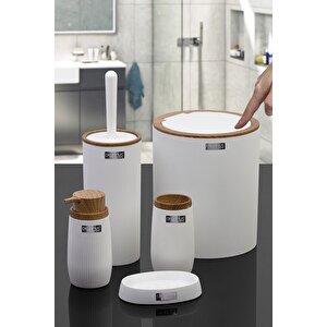Beyaz Ahşap Çizgili Yuvarlak 5'li Banyo Seti