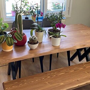Masif Ağaç Yemek Masası 220cmx85cmx76cm- Acık Ceviz- V Ayak