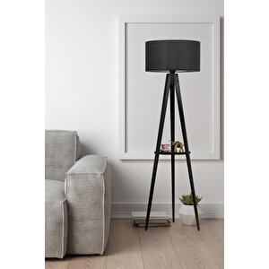 Sehpalı Tripod Siyah Silindir Siyah Abajurlu Lambader