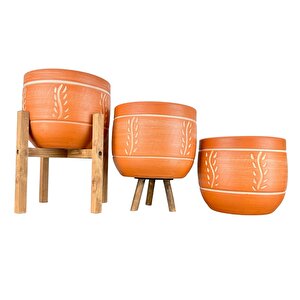 Ev Dekorasyon Nakış Desenli Toprak Saksı Saksılık Salon Çiçeklik Üçlü Set - 19 Cm
