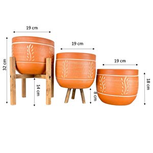 Ev Dekorasyon Nakış Desenli Toprak Saksı Saksılık Salon Çiçeklik Üçlü Set - 19 Cm