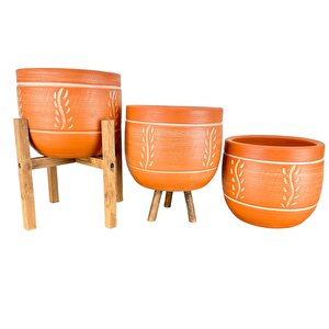 Ev Dekorasyon Nakış Desenli Toprak Saksı Saksılık Salon Çiçeklik Üçlü Set - 19 Cm